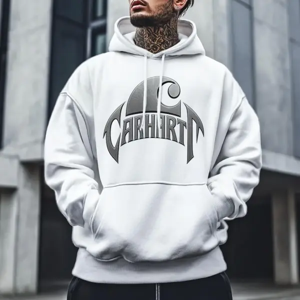 Men's Vintage Silver Logo Print Pocket Streetwear Long Sleeve White Hoodie - Wayrates.com 