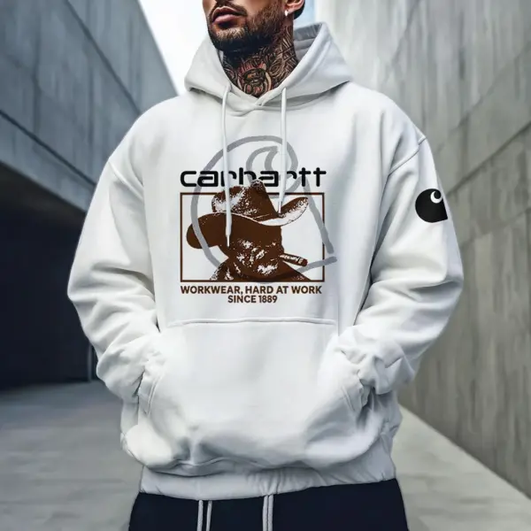 Men's Vintage Western Cowboy Print Pocket Streetwear Long Sleeve White Hoodie - Wayrates.com 