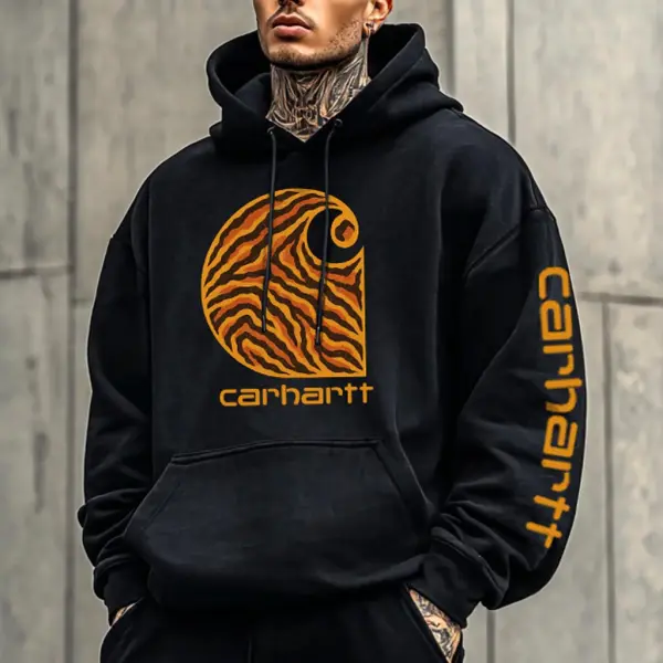 Carhartt Men's Vintage Leopard Logo Print Pocket Streetwear Long Sleeve Black Hoodie - Wayrates.com 