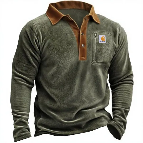 Men's Vintage Western Cowboy Army Green Fleece Zipper Pocket Button Polo Sweatshirt - Wayrates.chimpone.com 