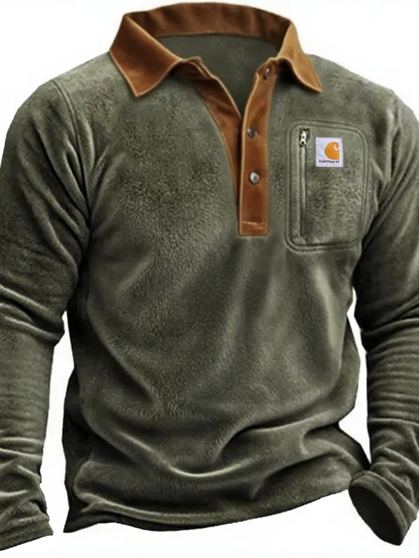 Carhartt Men's Vintage Western Cowboy Army Green Fleece Button Polo Sweatshirt - Wantbright.com 