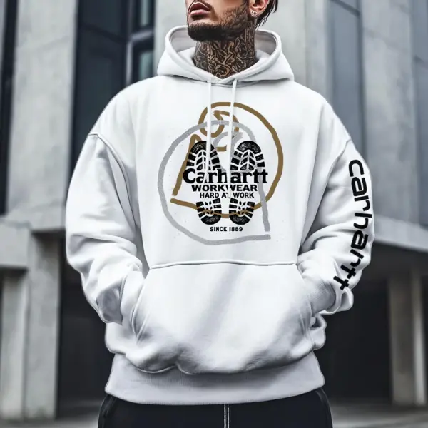 Men's Vintage Shoe Print Pocket Street Wear Long Sleeve White Hoodie - Wayrates.com 