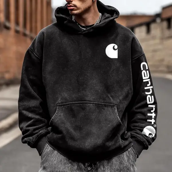 Carhartt Men's Vintage Washed Distressed Logo Print Pocket Streetwear Long Sleeve Black Hoodie - Wayrates.com 