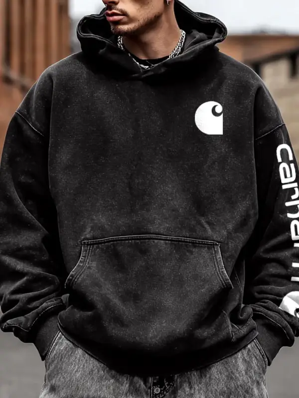 Men's Vintage Washed Distressed Logo Print Pocket Streetwear Long Sleeve Black Hoodie - Simplyion.com 