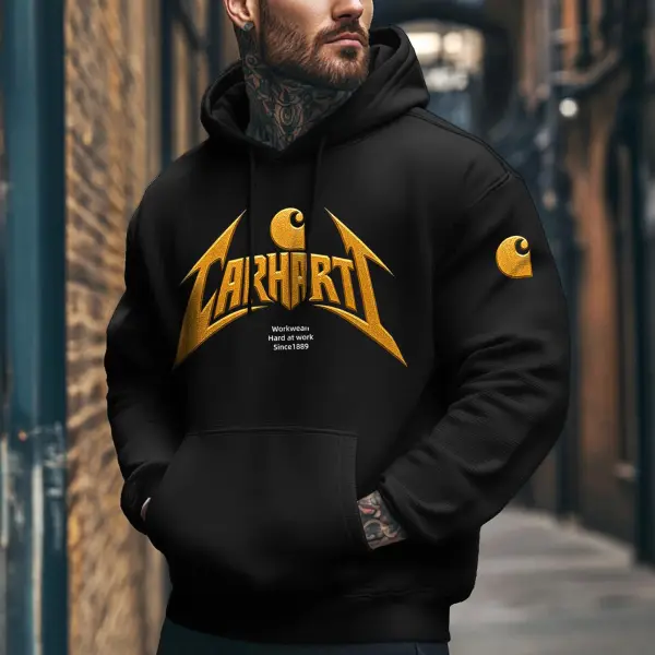 Men's Vintage Gold Logo Print Pocket Streetwear Long Sleeve Black Hoodie - Wayrates.com 