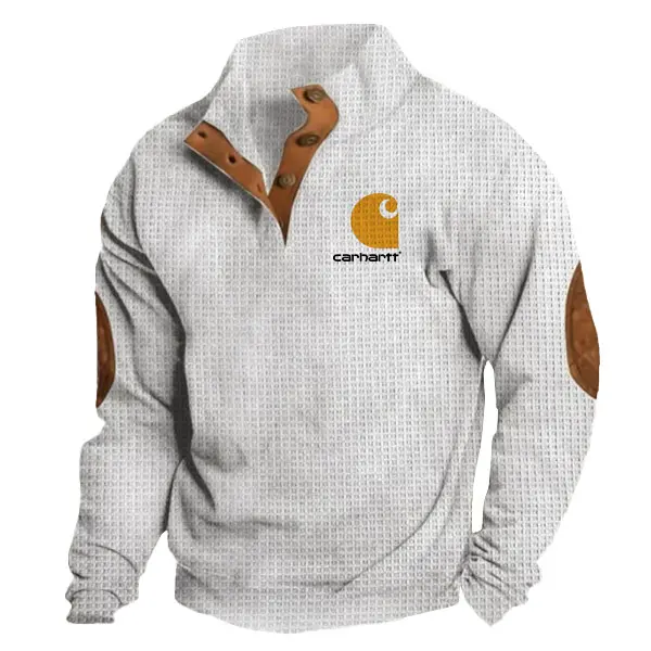 Men's Vintage Western Cowboy White Waffle Knit Button-Down Stand Collar Sweatshirt - Wayrates.com 