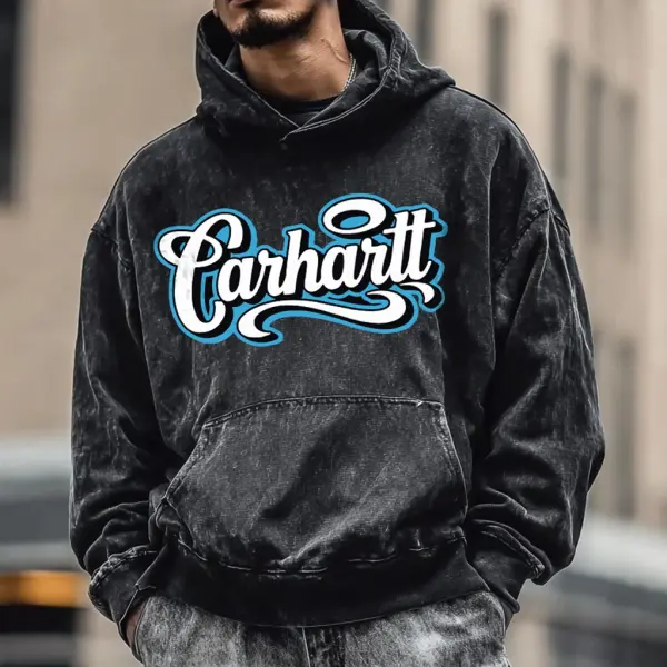 Men's Vintage Washed Distressed Logo Print Pocket Streetwear Long Sleeve Black Hoodie - Wayrates.com 