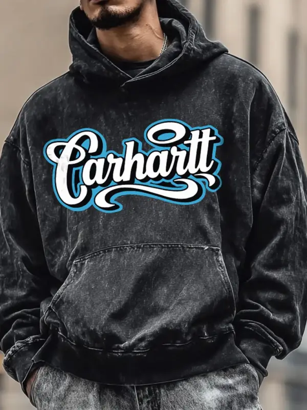 Men's Vintage Washed Distressed Logo Print Pocket Streetwear Long Sleeve Black Hoodie - Simplyion.com 