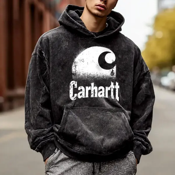 Men's Vintage Washed Distressed Logo Print Pocket Streetwear Long Sleeve Black Hoodie - Wayrates.com 