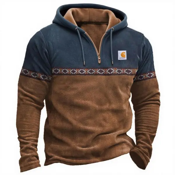 Men's Vintage Western Cowboy Brown Navy Fleece Ethnic Pattern Zipper Hoodie - Wayrates.com 