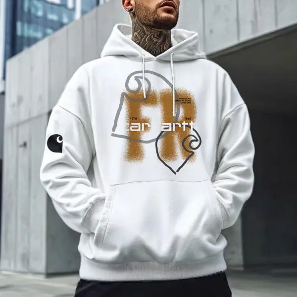 Men's Vintage Logo Print Pocket Streetwear Long Sleeve White Hoodie - Wayrates.com 