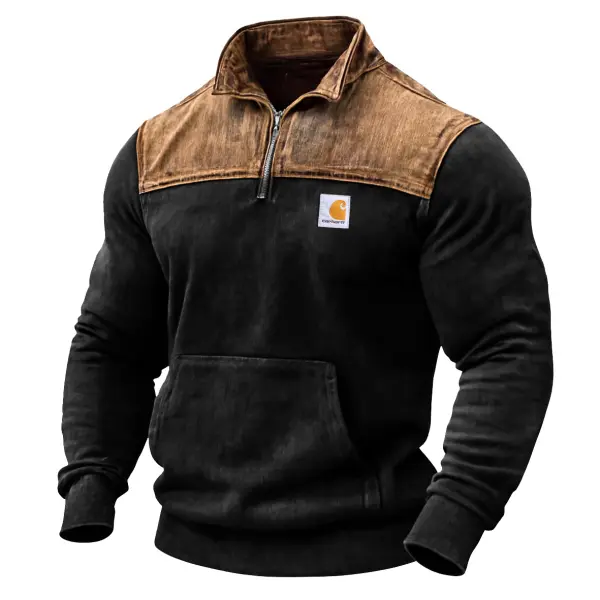 Men's Vintage Western Cowboy Black And Brown Quarter-Zip Stand Collar Sweatshirt - Wayrates.com 