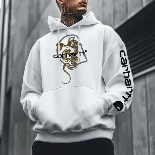 Men's Vintage Snake Logo Print Pocket Streetwear Long Sleeve White Hoodie - Wayrates.com 