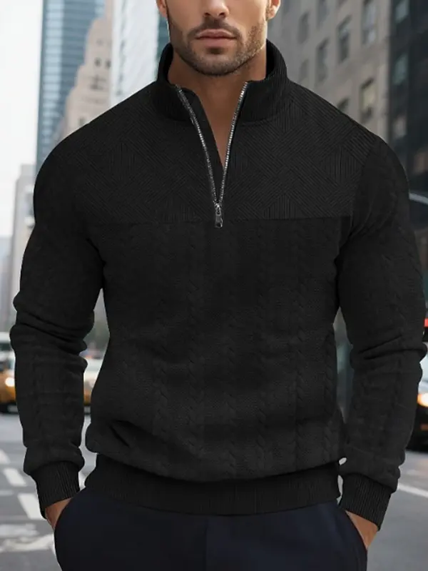 Men's Vintage Stylish Black Cable Knit Sweater With Zipper Detail - Simplyion.com 