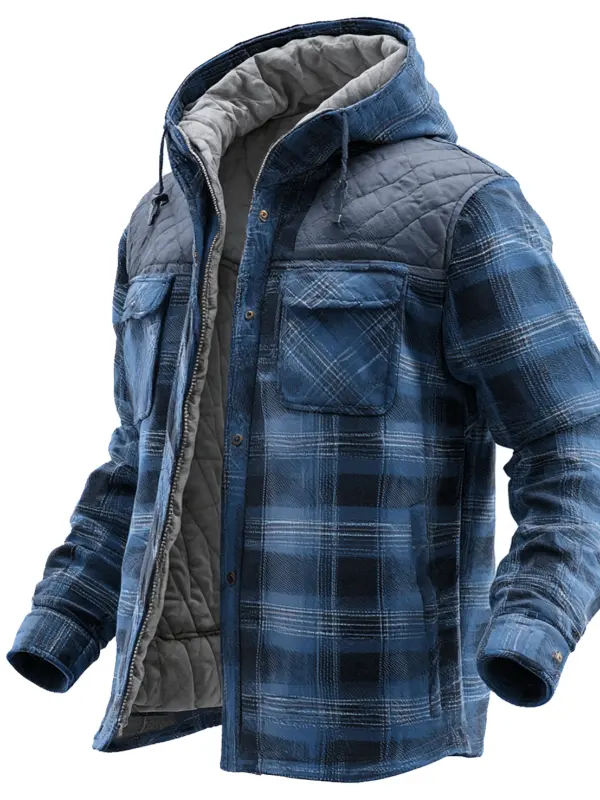 Men's Vintage Blue Plaid Quilted Hooded Jacket - Wantbright.com 