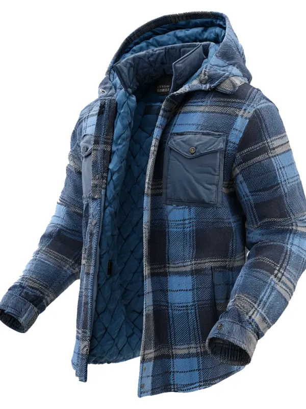 Men's Vintage Blue Plaid Hooded Jacket With Quilted Lining - Simplyion.com 