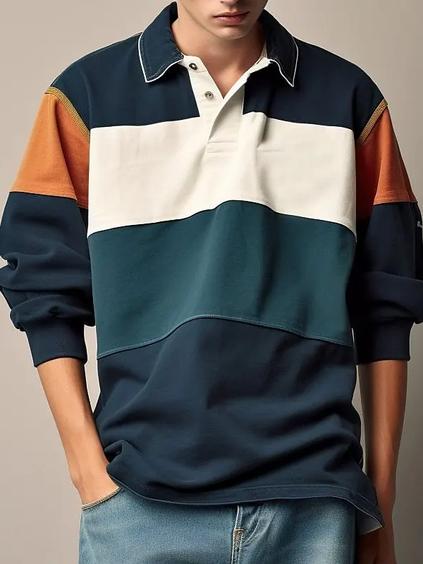 Color Block Long Sleeve Polo Shirt For Men - Stylish And Versatile - Wantbright.com 