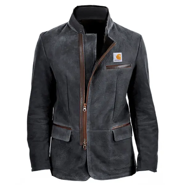 Men's Vintage Stand Collar Suede Blazer Side Zip Fly Contrast Leather Webbing Medium Length Jacket Coats - Wayrates.com 