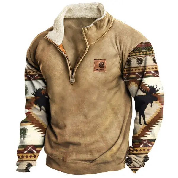 Men's Vintage Ethnic Aztec Moose Print Fleece Quarter Zip Stand Collar Sweatshirt - Wayrates.com 