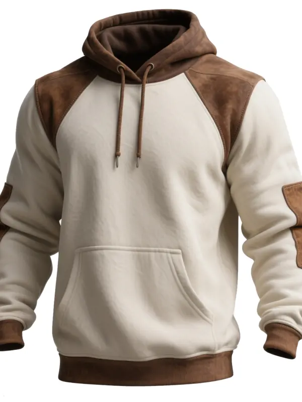 Men's Vintage Brown And Beige Hooded Sweatshirt With Contrast Sleeves - Wantbright.com 