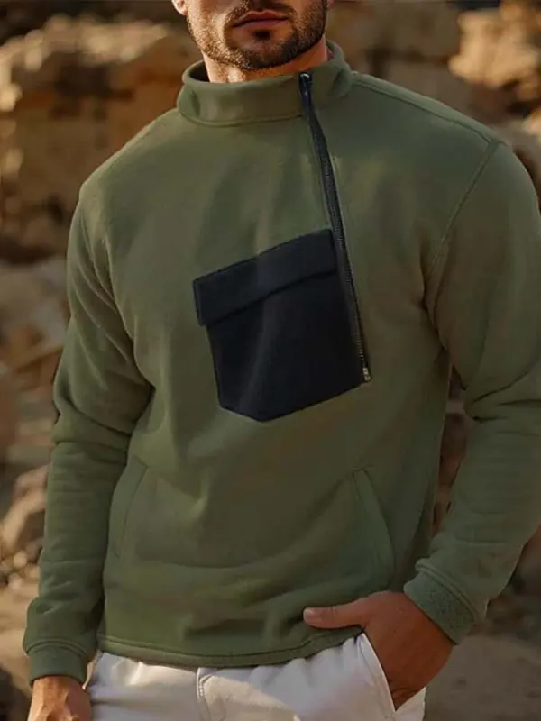 Men's Vintage Olive Green Half-Zip Fleece Sweatshirt With Contrast Pocket - Wantbright.com 