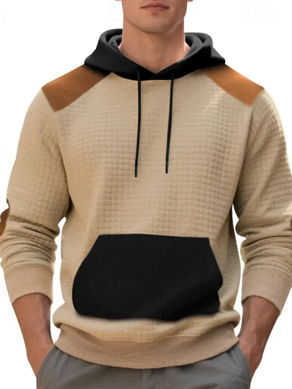 Men's Vintage Casual Beige Hoodie With Contrast Details - Wantbright.com 