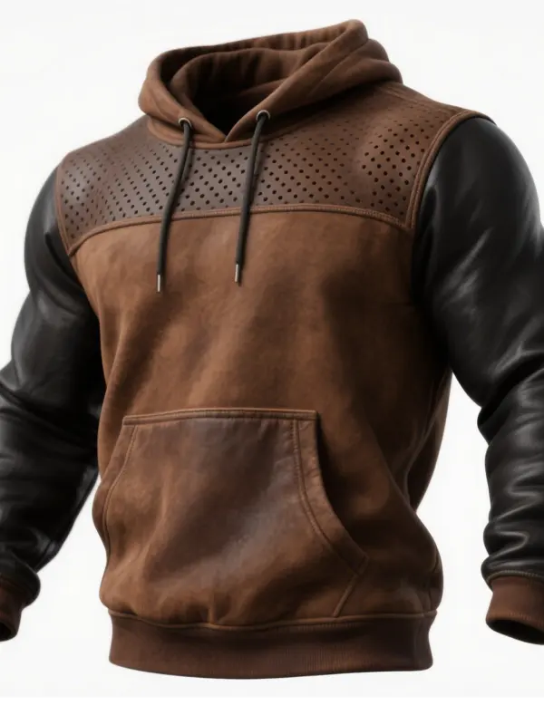 Men's Vintage Brown Leather-Trimmed Hoodie With Perforated Details - Simplyion.com 