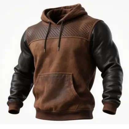 Men's Vintage Brown Leather-Trimmed Hoodie With Perforated Details