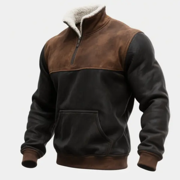 Men's Vintage Brown And Black Leather Sweatshirt With Fleece Collar - Wayrates.com 