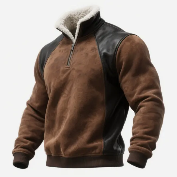Men's Vintage Brown And Black Leather-Trimmed Fleece Sweatshirt With Sherpa Collar - Cotosen.chimpone.com 
