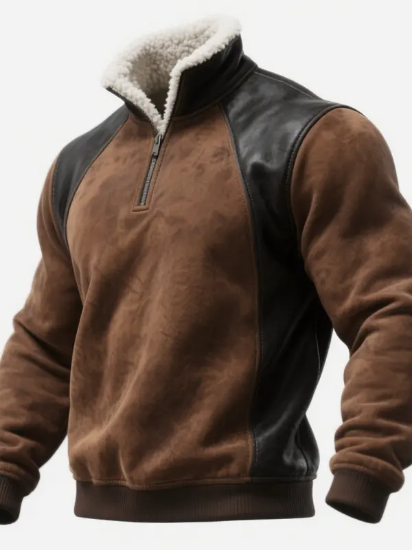 Men's Vintage Brown And Black Leather-Trimmed Fleece Sweatshirt With Sherpa Collar - Wantbright.com 