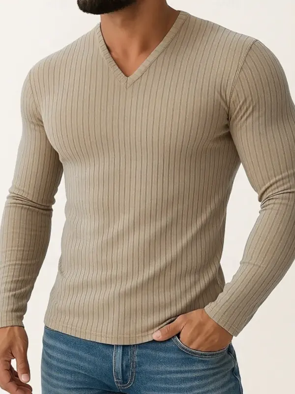 Men's Vintage Slim Fit V-Neck Ribbed Long Sleeve T-Shirt In Beige - Wantbright.com 