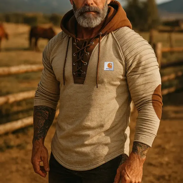 Men's Vintage Hooded Henley Sweatshirt In Khaki - Wayrates.com 