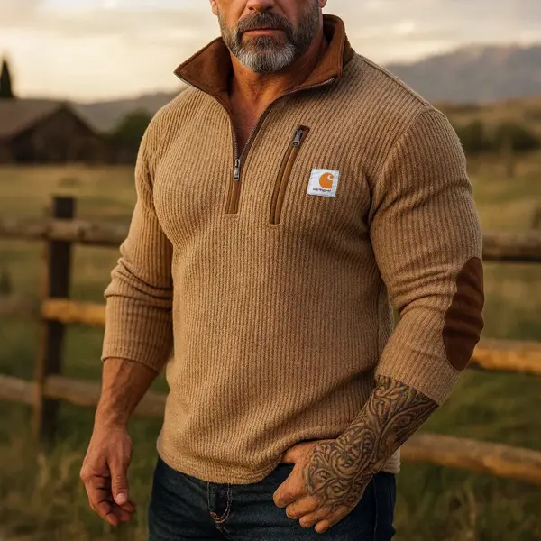 Men's Vintage Brown Chenille Quarter-Zip Pullover - Wayrates.com 