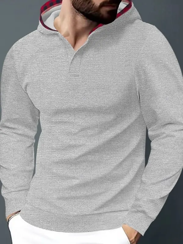Men's Vintage Gray Textured V-Neck Sweatshirt With Plaid Collar Detail - Wantbright.com 