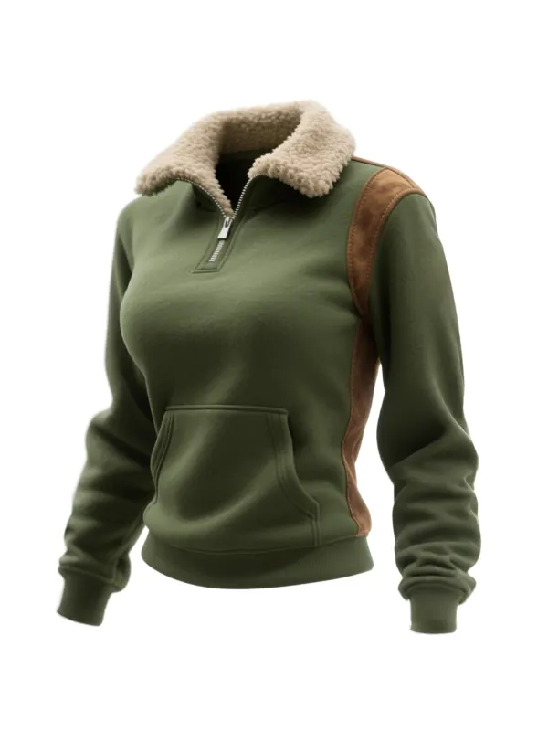 Retro Western Style Women's Contrast Color Stitching 1/4 Zip Stand Collar Sweatshirt - Hoplady.chimpone.com 