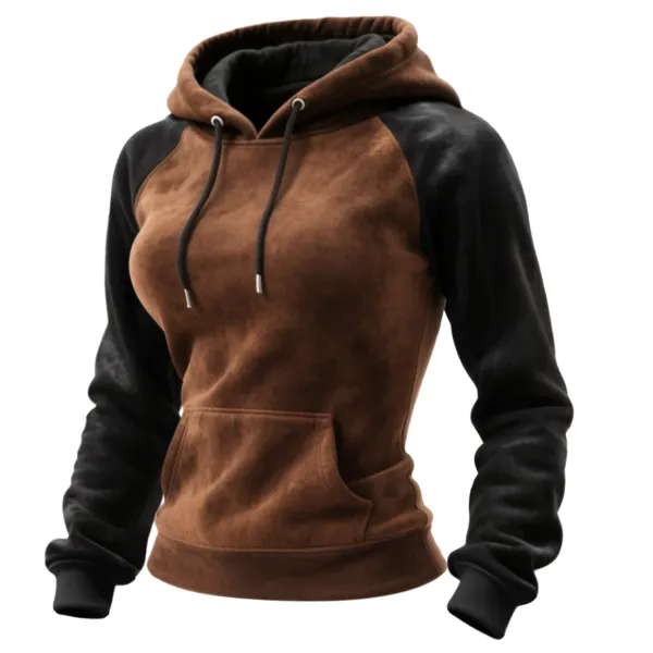 Outdoor Women's Casual Suede Contrast Color Stitching Raglan Sleeve Hooded Sweatshirt Retro Western Sweatshirt - Cotosen.chimpone.com 