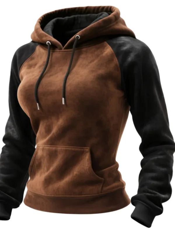 Outdoor Women's Casual Suede Contrast Color Stitching Raglan Sleeve Hooded Sweatshirt Retro Western Sweatshirt - Wantbright.com 