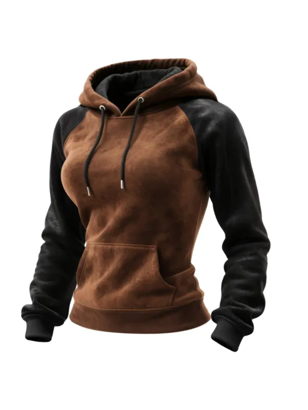 Outdoor Women's Casual Suede Contrast Color Stitching Raglan Sleeve Hooded Sweatshirt Retro Western Sweatshirt - Hoplady.chimpone.com 