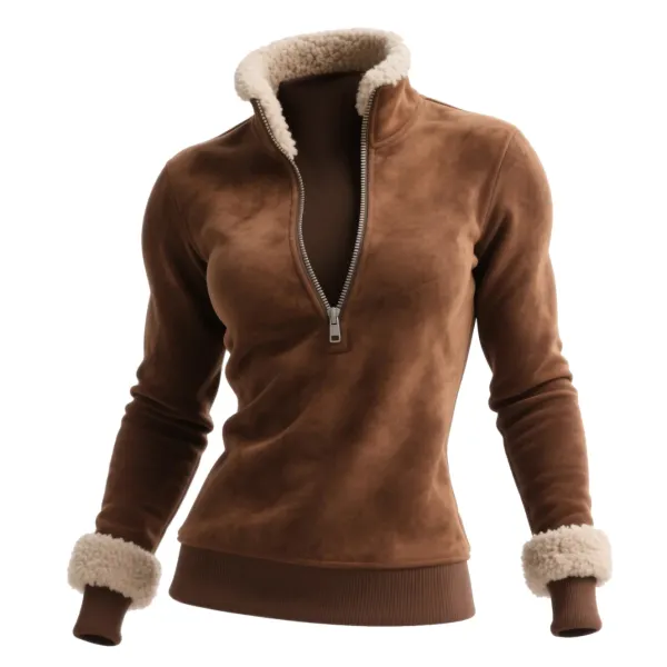 Retro Western Style Women's Suede Contrast Color Stitching 1/4 Zip Stand Collar Sweatshirt - Cotosen.chimpone.com 
