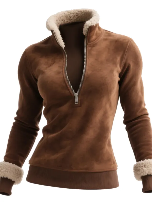 Retro Western Style Women's Suede Contrast Color Stitching 1/4 Zip Stand Collar Sweatshirt - Wantbright.com 