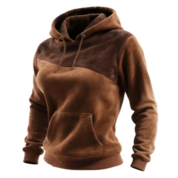 Outdoor Women's Casual Suede Contrast Color Stitching Raglan Sleeve Hooded Sweatshirt Retro Western Sweatshirt - Cotosen.chimpone.com 
