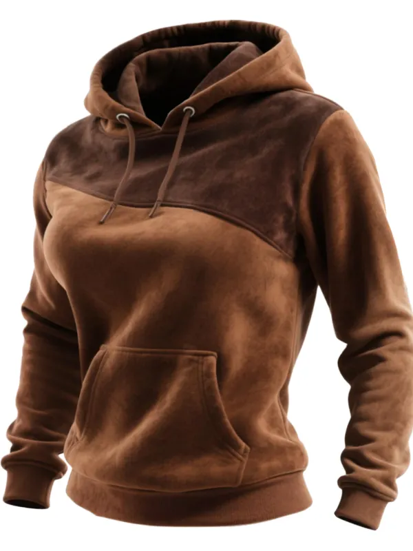 Outdoor Women's Casual Suede Contrast Color Stitching Raglan Sleeve Hooded Sweatshirt Retro Western Sweatshirt - Wantbright.com 