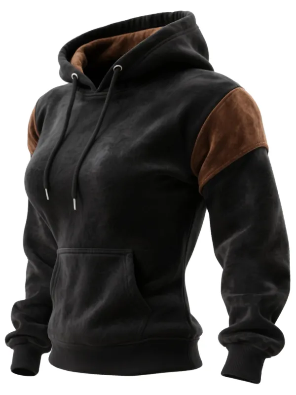Outdoor Women's Casual Suede Contrast Color Stitching Raglan Sleeve Hooded Sweatshirt Retro Western Sweatshirt - Wantbright.com 