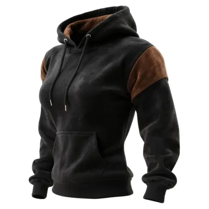 Outdoor Women's Casual Suede Contrast Color Stitching Raglan Sleeve Hooded Sweatshirt Retro Western Sweatshirt