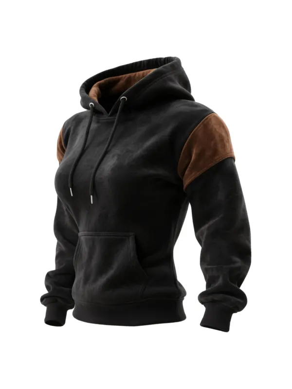 Outdoor Women's Casual Suede Contrast Color Stitching Raglan Sleeve Hooded Sweatshirt Retro Western Sweatshirt - Hoplady.chimpone.com 