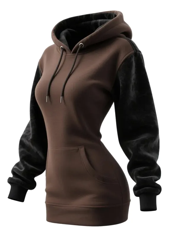 Women's Retro Western Contrast Panel Long Hooded Sweatshirt Dress - Wantbright.com 