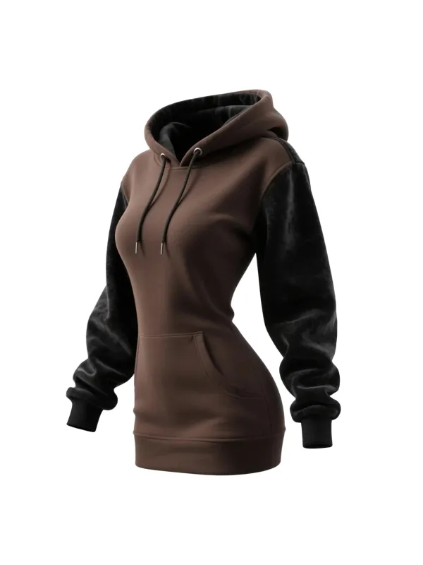 Women's Retro Western Contrast Panel Long Hooded Sweatshirt Dress - Hoplady.chimpone.com 