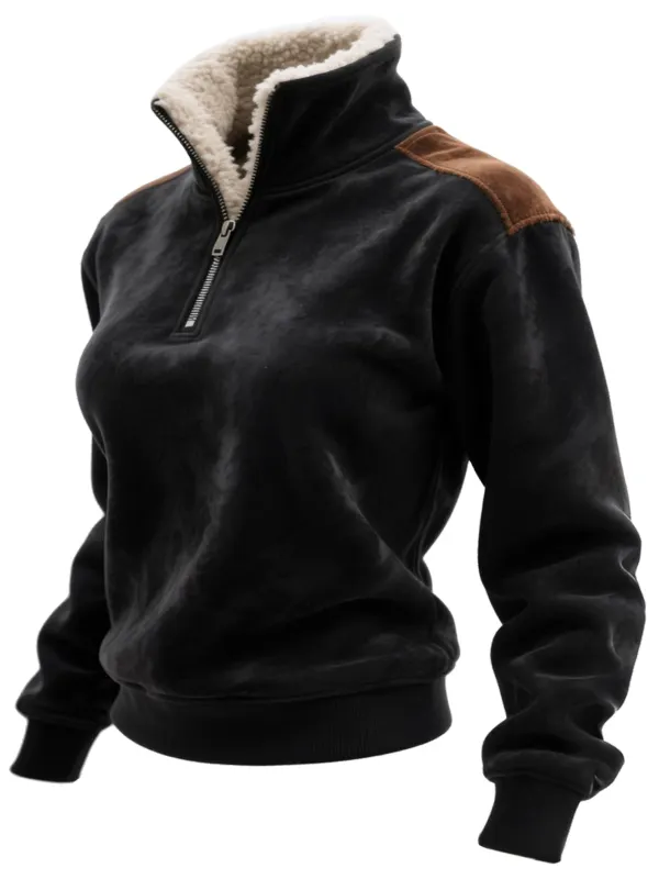 Retro Western Style Women's Contrast Color Patch Suede 1/4 Zip Stand Collar Sweatshirt - Wantbright.com 