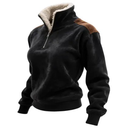 Retro Western Style Women's Contrast Color Patch Suede 1/4 Zip Stand Collar Sweatshirt